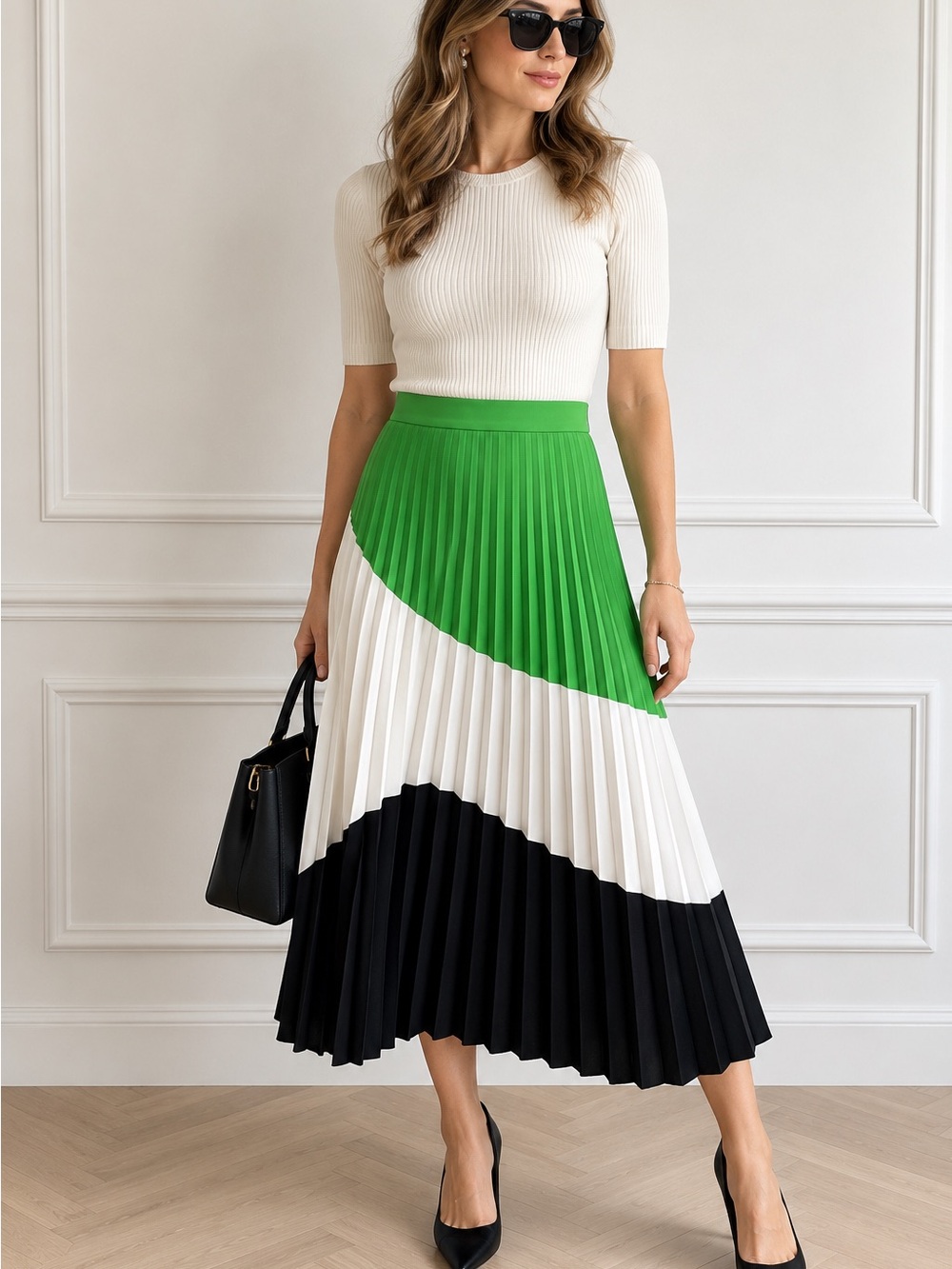 Karen Millen Green, White & Black Pleated Maxi Skirt